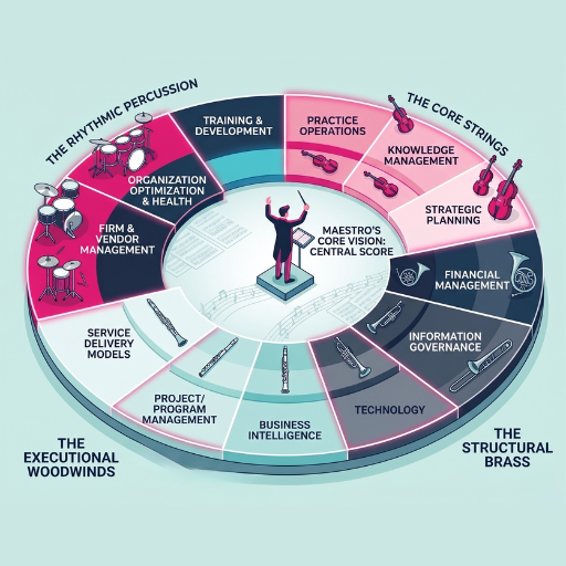 The Core 12 legal ops taxonomy as orchestra sections (strings, woodwinds, brass, percussion) surrounding a maestro at the central score.